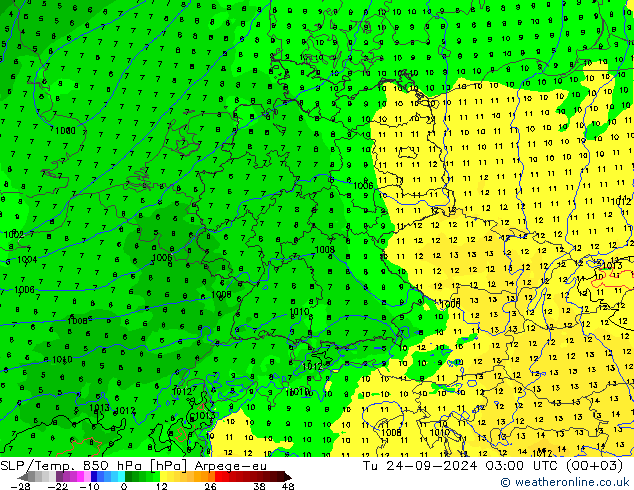 SLP/Temp. 850 hPa Arpege-eu Út 24.09.2024 03 UTC