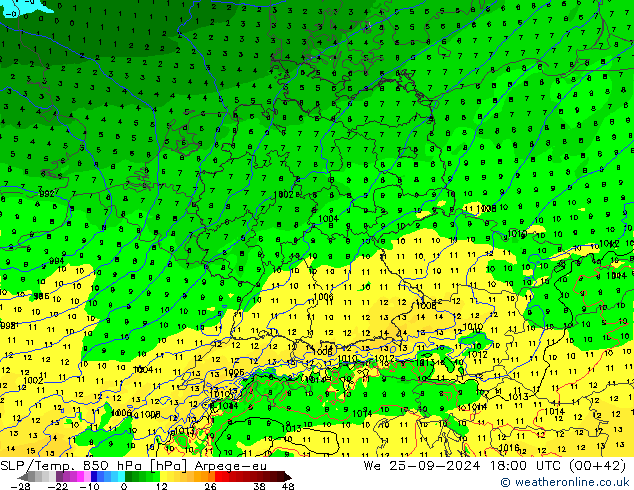 SLP/Temp. 850 hPa Arpege-eu Qua 25.09.2024 18 UTC