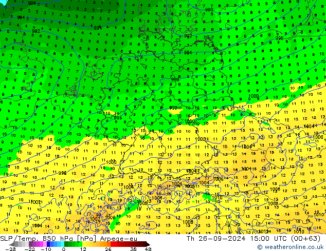 SLP/Temp. 850 hPa Arpege-eu czw. 26.09.2024 15 UTC