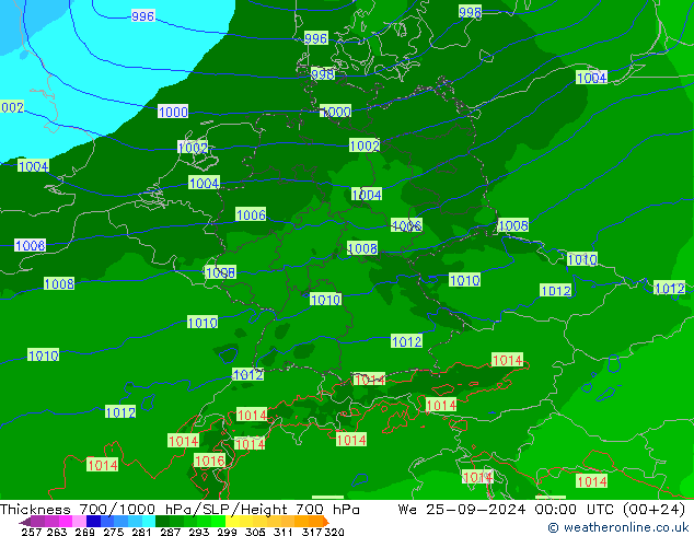 Dikte700-1000 hPa Arpege-eu wo 25.09.2024 00 UTC