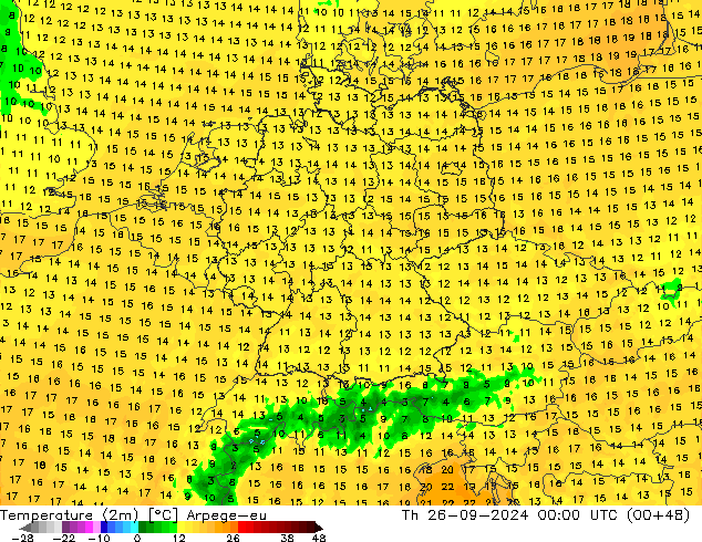 Temperatuurkaart (2m) Arpege-eu do 26.09.2024 00 UTC