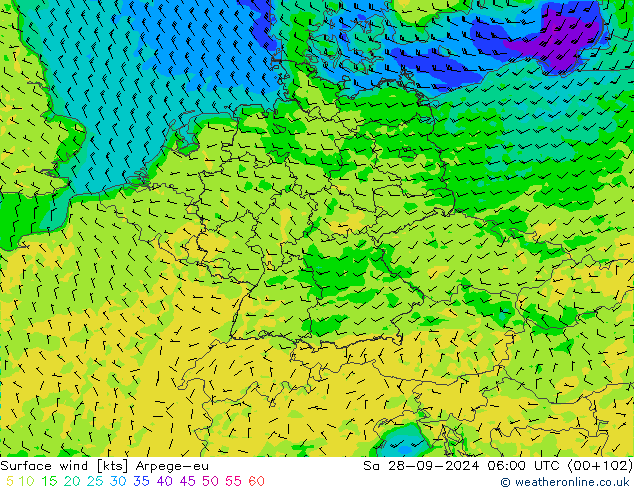 Surface wind Arpege-eu So 28.09.2024 06 UTC