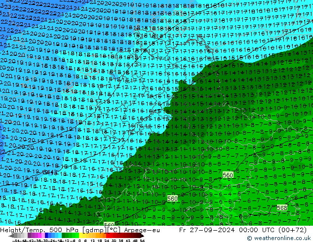 Height/Temp. 500 hPa Arpege-eu Sex 27.09.2024 00 UTC