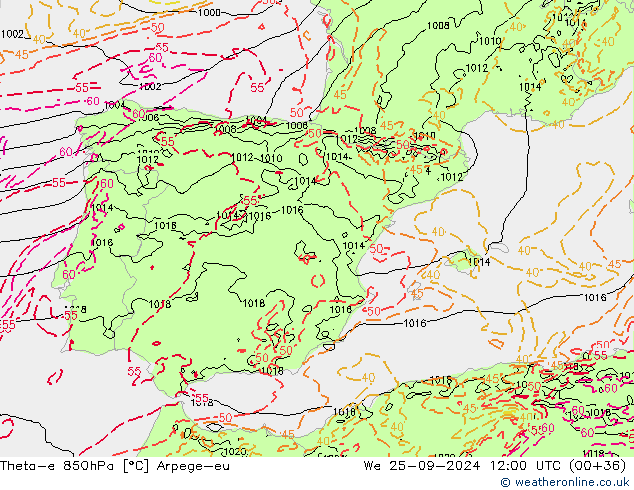 Theta-e 850hPa Arpege-eu We 25.09.2024 12 UTC