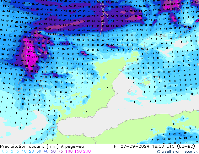 Precipitación acum. Arpege-eu vie 27.09.2024 18 UTC