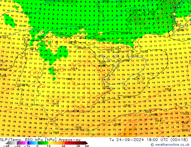 850 hPa Yer Bas./Sıc Arpege-eu Sa 24.09.2024 18 UTC