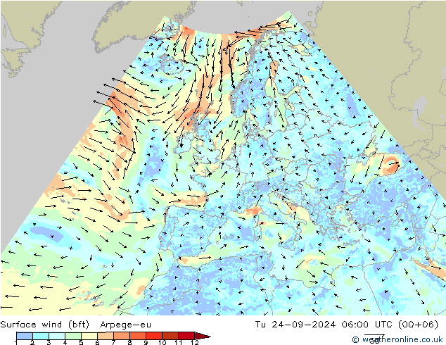 Surface wind (bft) Arpege-eu Tu 24.09.2024 06 UTC