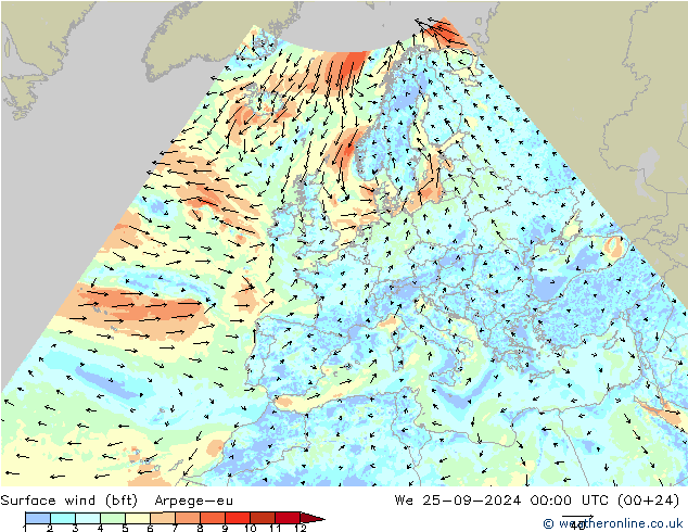 Vent 10 m (bft) Arpege-eu mer 25.09.2024 00 UTC