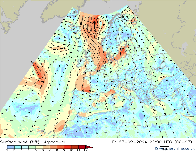 Rüzgar 10 m (bft) Arpege-eu Cu 27.09.2024 21 UTC