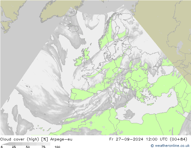 Cloud cover (high) Arpege-eu Fr 27.09.2024 12 UTC