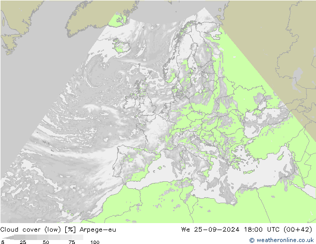 Cloud cover (low) Arpege-eu We 25.09.2024 18 UTC