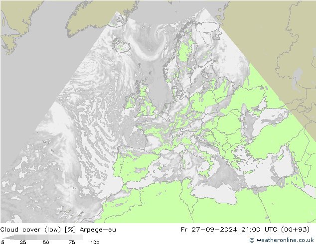 Cloud cover (low) Arpege-eu Fr 27.09.2024 21 UTC