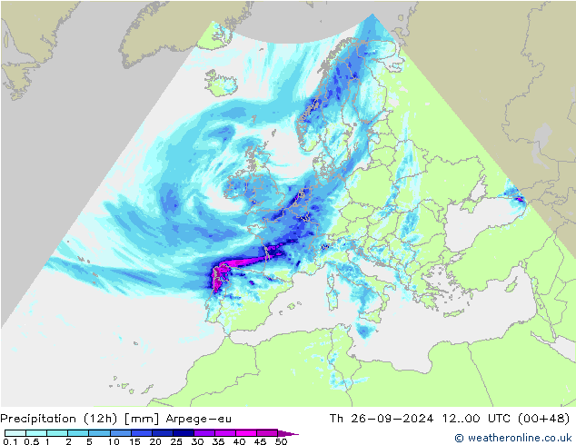 осадки (12h) Arpege-eu чт 26.09.2024 00 UTC