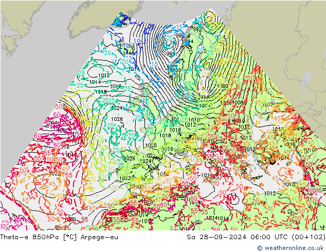 Theta-e 850hPa Arpege-eu sam 28.09.2024 06 UTC