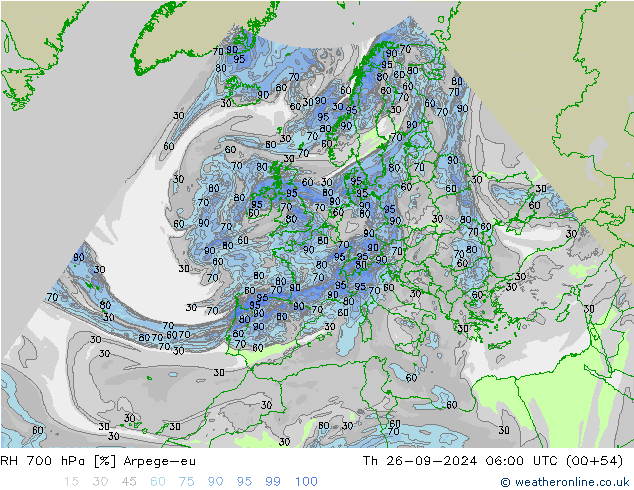 Humedad rel. 700hPa Arpege-eu jue 26.09.2024 06 UTC