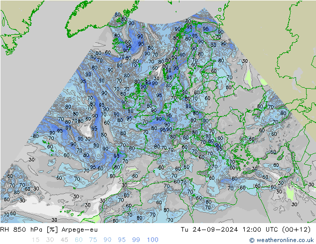 RH 850 hPa Arpege-eu wto. 24.09.2024 12 UTC