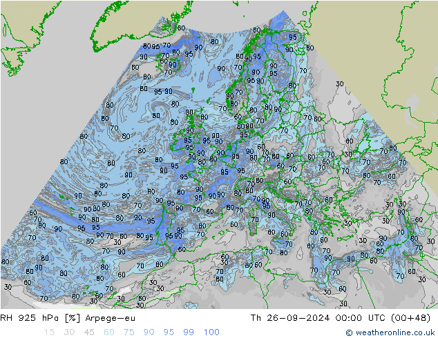 RH 925 hPa Arpege-eu Qui 26.09.2024 00 UTC