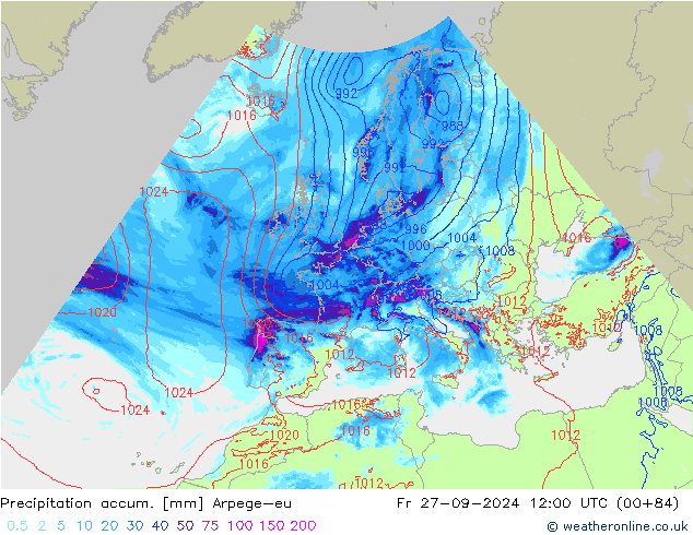 Precipitation accum. Arpege-eu pt. 27.09.2024 12 UTC