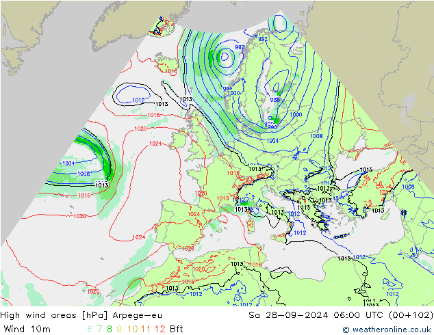 High wind areas Arpege-eu Sa 28.09.2024 06 UTC