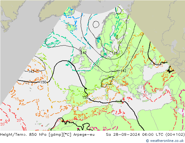 Géop./Temp. 850 hPa Arpege-eu sam 28.09.2024 06 UTC