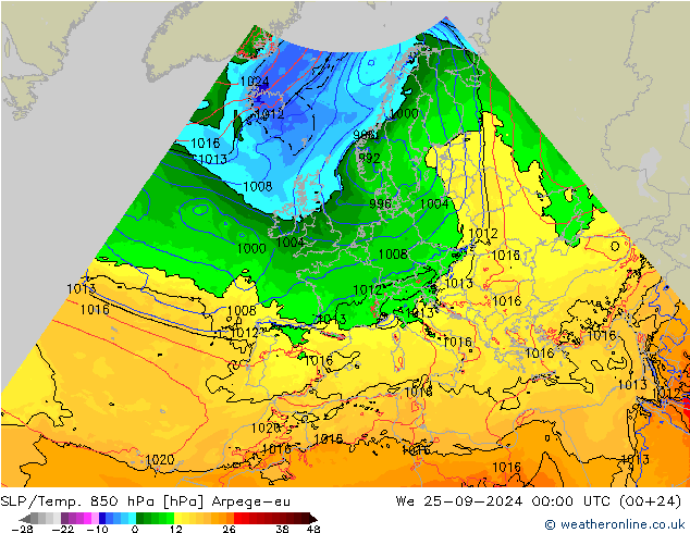 SLP/Temp. 850 hPa Arpege-eu wo 25.09.2024 00 UTC