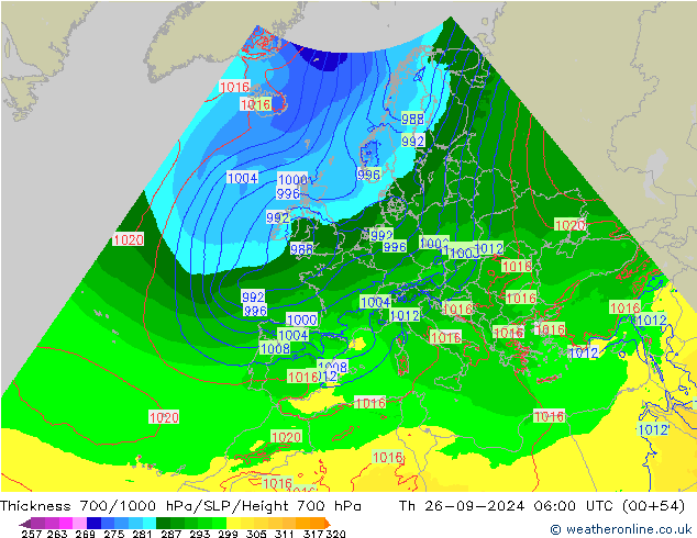 Thck 700-1000 hPa Arpege-eu Th 26.09.2024 06 UTC