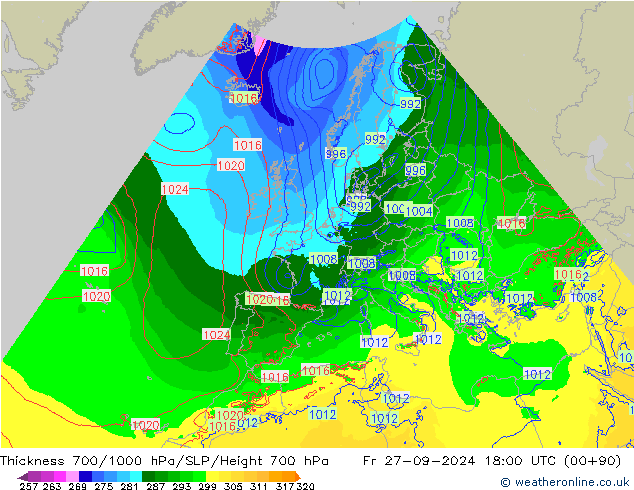 Thck 700-1000 hPa Arpege-eu Fr 27.09.2024 18 UTC