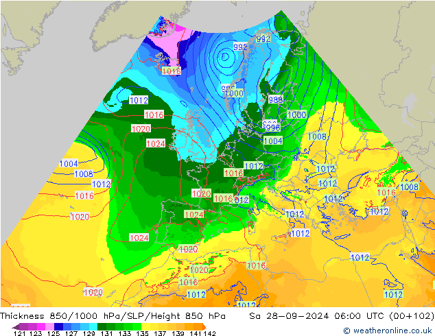 Thck 850-1000 гПа Arpege-eu сб 28.09.2024 06 UTC