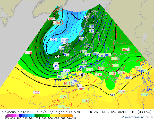 Espesor 500-1000 hPa Arpege-eu jue 26.09.2024 06 UTC