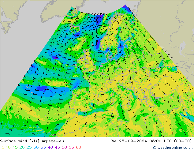 Vento 10 m Arpege-eu mer 25.09.2024 06 UTC