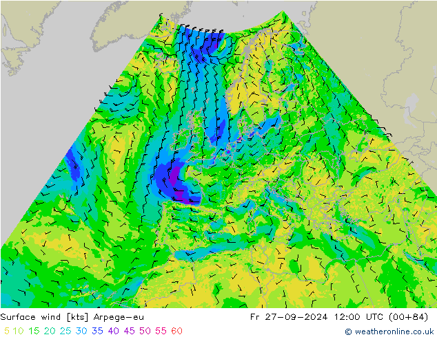 Surface wind Arpege-eu Fr 27.09.2024 12 UTC