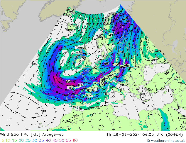 Wind 850 hPa Arpege-eu Th 26.09.2024 06 UTC