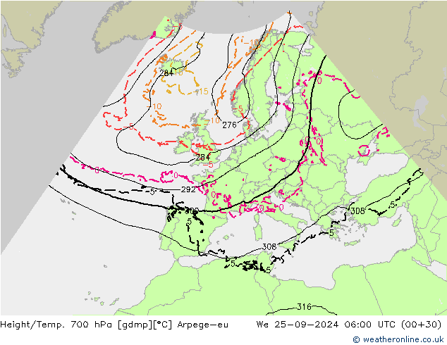 Hoogte/Temp. 700 hPa Arpege-eu wo 25.09.2024 06 UTC