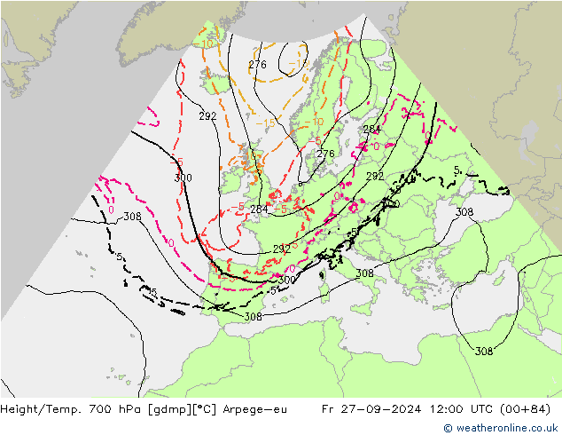 Height/Temp. 700 hPa Arpege-eu Fr 27.09.2024 12 UTC