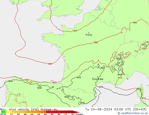 Max. wind velocity Arpege-eu  24.09.2024 03 UTC