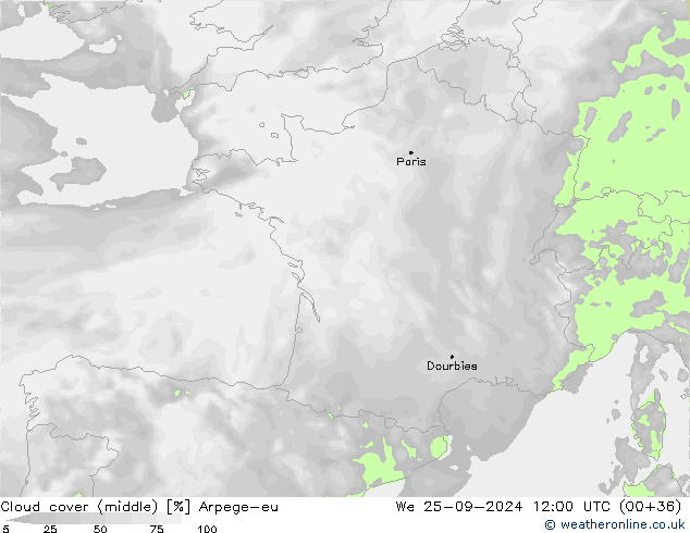 Cloud cover (middle) Arpege-eu We 25.09.2024 12 UTC