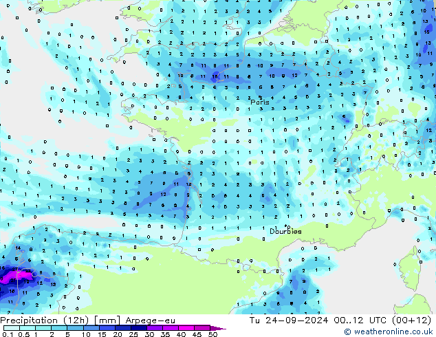 Precipitation (12h) Arpege-eu Tu 24.09.2024 12 UTC