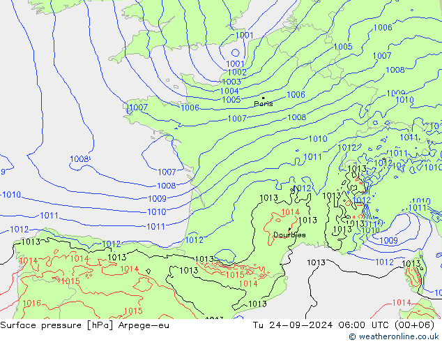 Surface pressure Arpege-eu Tu 24.09.2024 06 UTC