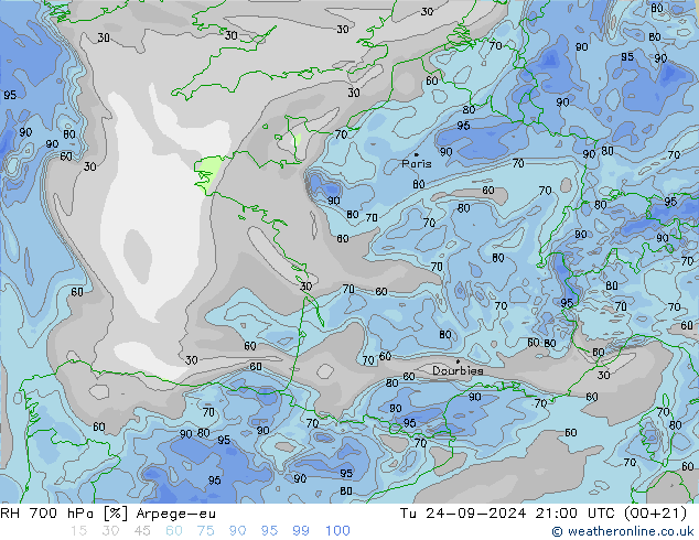 RH 700 hPa Arpege-eu Tu 24.09.2024 21 UTC