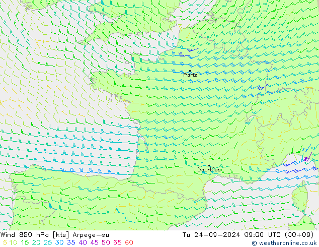 Wind 850 hPa Arpege-eu Tu 24.09.2024 09 UTC