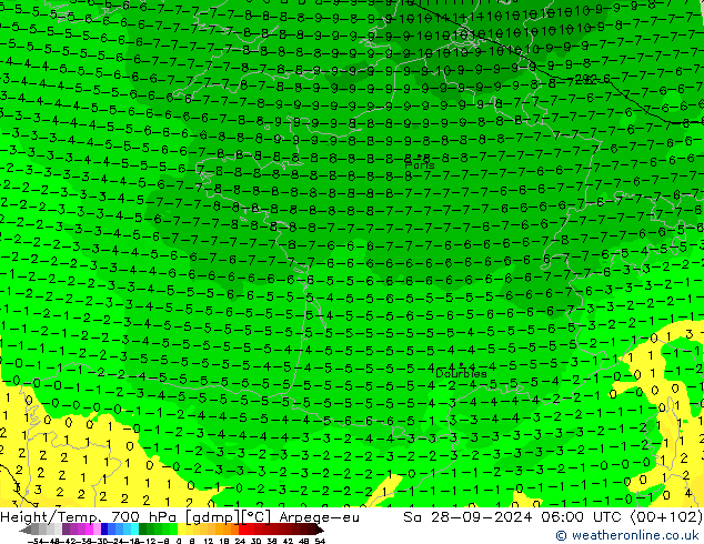 Hoogte/Temp. 700 hPa Arpege-eu za 28.09.2024 06 UTC