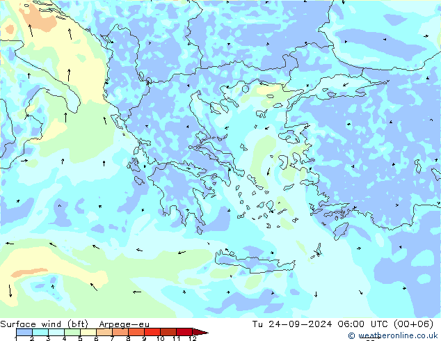 Surface wind (bft) Arpege-eu Tu 24.09.2024 06 UTC