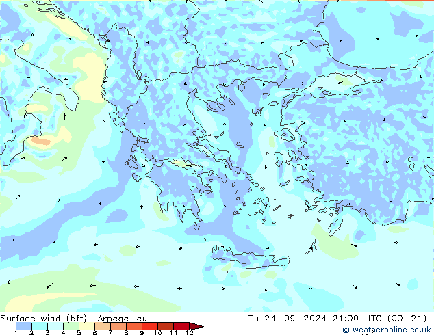 Wind 10 m (bft) Arpege-eu di 24.09.2024 21 UTC