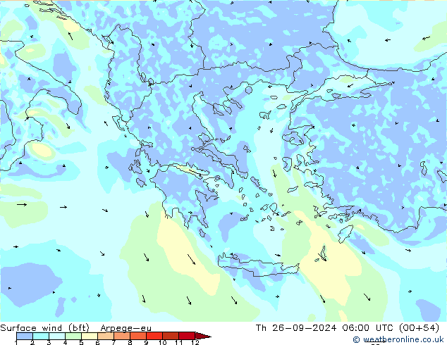 Surface wind (bft) Arpege-eu Th 26.09.2024 06 UTC