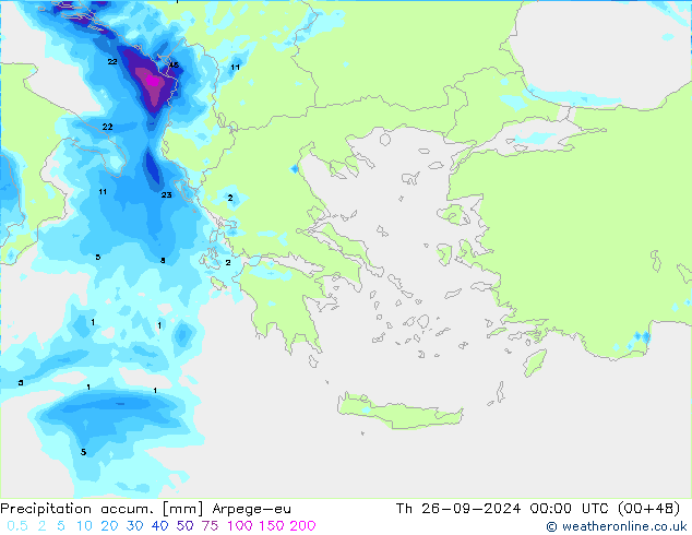 Totale neerslag Arpege-eu do 26.09.2024 00 UTC