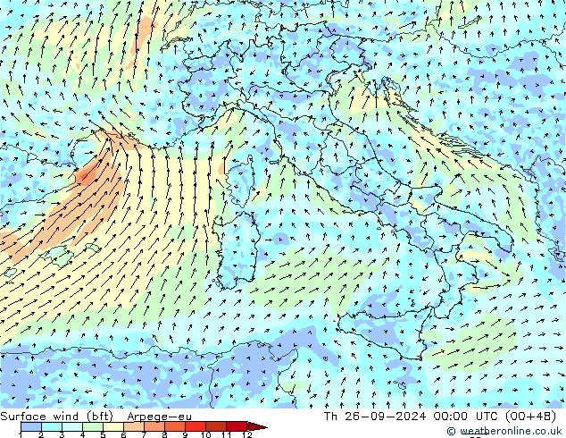 Vent 10 m (bft) Arpege-eu jeu 26.09.2024 00 UTC