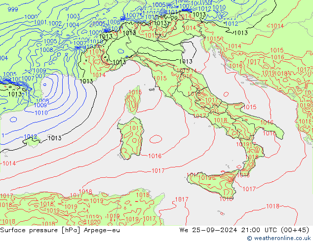 Pressione al suolo Arpege-eu mer 25.09.2024 21 UTC