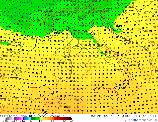 SLP/Temp. 850 hPa Arpege-eu St 25.09.2024 03 UTC