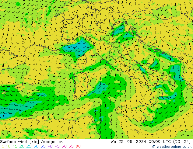 Vent 10 m Arpege-eu mer 25.09.2024 00 UTC