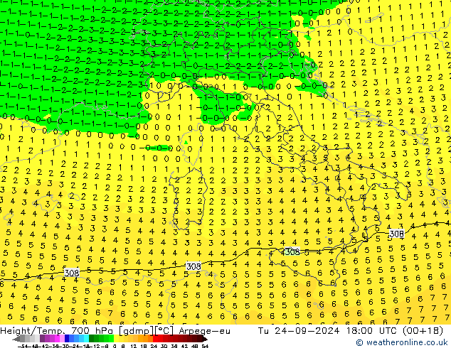 Height/Temp. 700 hPa Arpege-eu Tu 24.09.2024 18 UTC